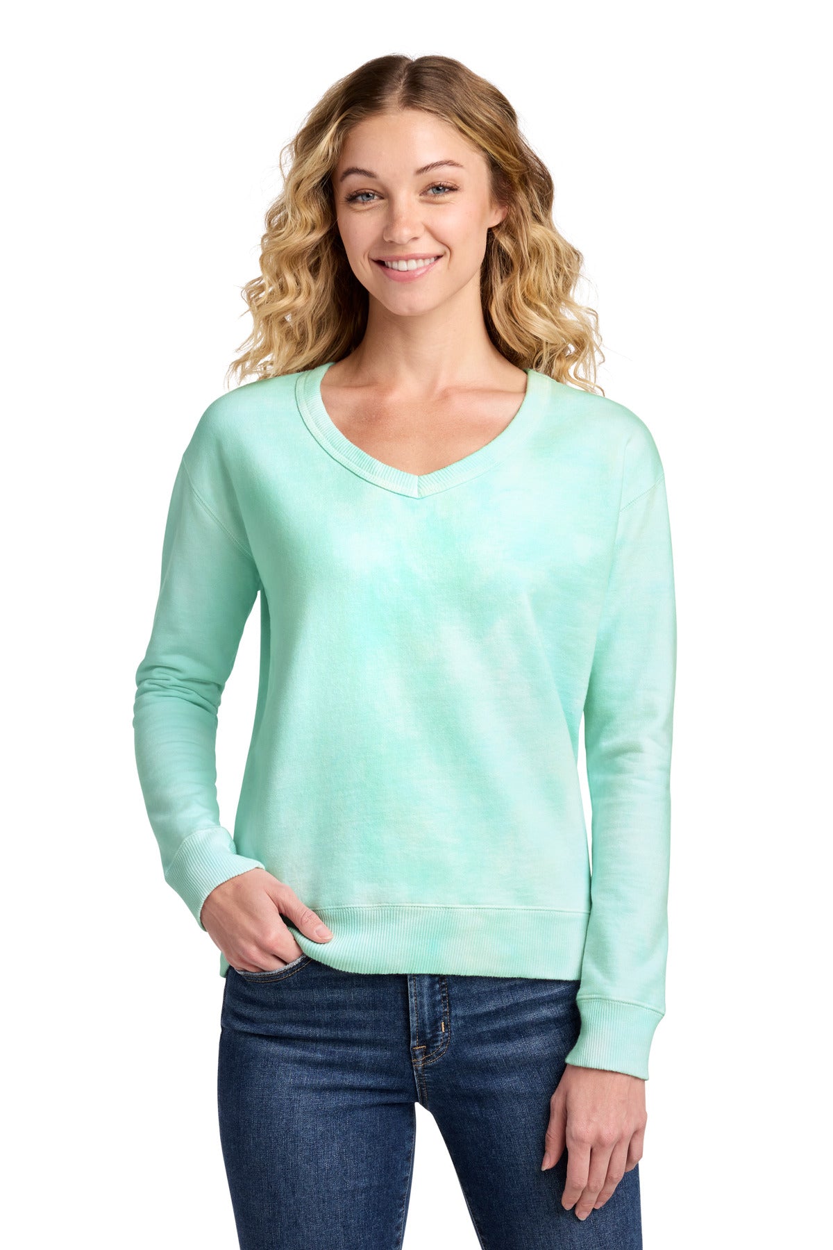 Port & Co™ Women's Beach Wash® Cloud Tie-Dye V-Neck Sweatshirt LPC140V