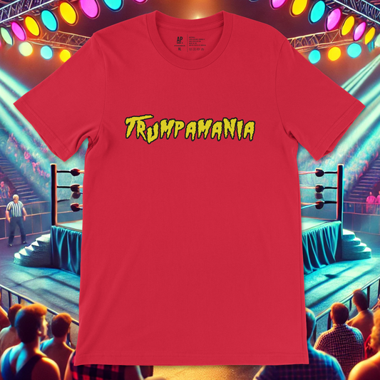 Trumpamania graphic t-shirt featuring a bold design with a caricature of Donald Trump and Hulk Hogan.